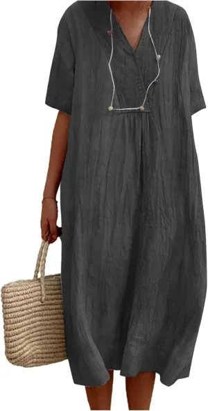 Cotton and Linen V-Neck Midi Dress Summer Casual Loose Short Sleeve T Shirts Long Dresses Comfortable Lounge Dresses