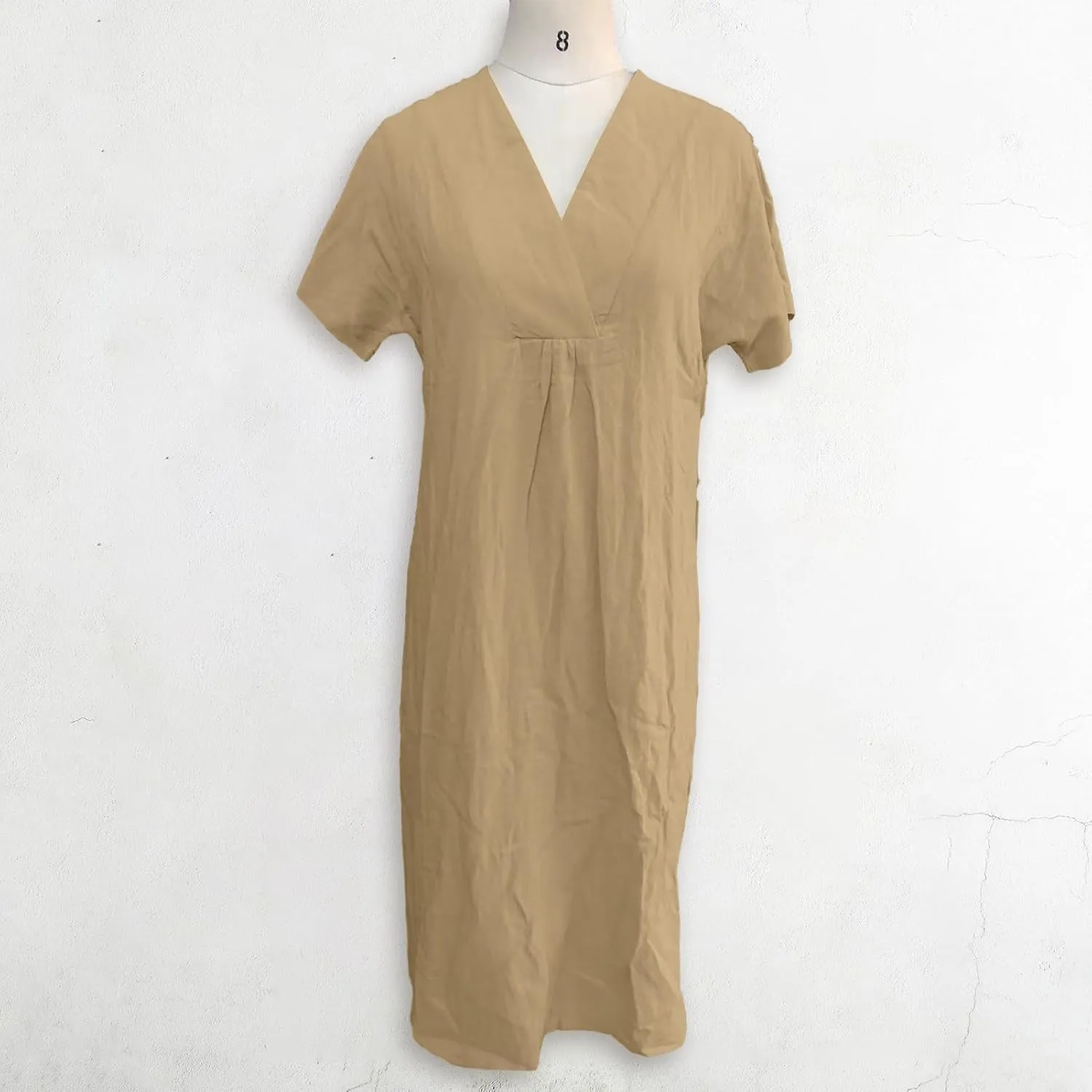 Cotton and Linen V-Neck Midi Dress Summer Casual Loose Short Sleeve T Shirts Long Dresses Comfortable Lounge Dresses