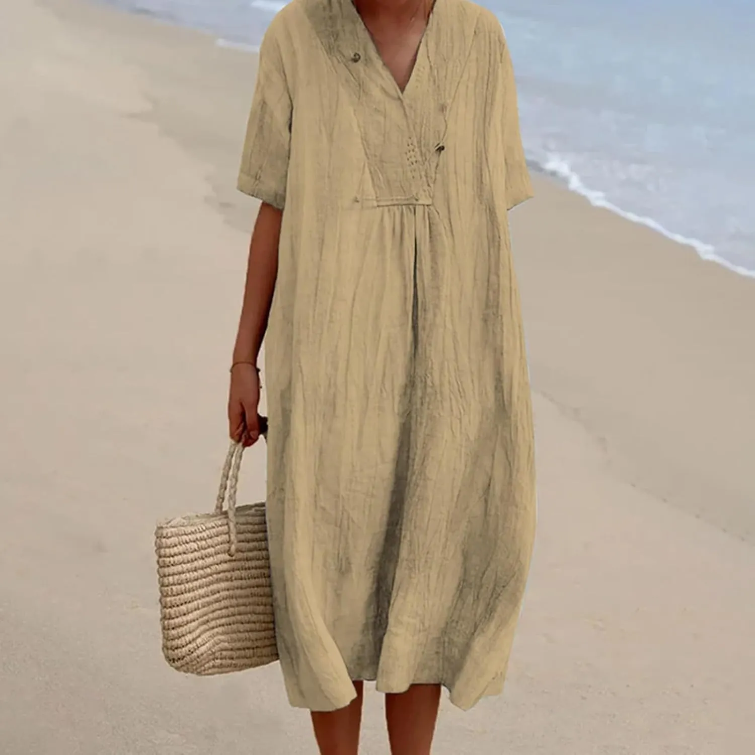 Cotton and Linen V-Neck Midi Dress Summer Casual Loose Short Sleeve T Shirts Long Dresses Comfortable Lounge Dresses