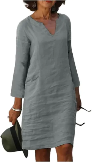 Cotton Linen Dresses for Women Loose Casual Long Sleeve V Neck Knee Length Mini Dress Elegant Plain Shirt Midi Dress
