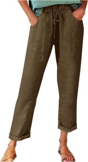 Cotton Linen Pants for Women 2025 Trendy Solid Elastic Waist Pants Loose Straight Leg Lounge Trousers with Pockets