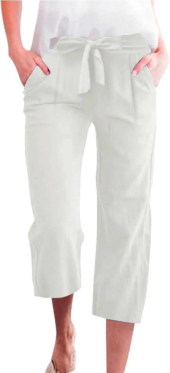 fanmpghleoo Cropped Linen Pants Women Summer Dressy Casual Plus Size Capris with Pockets Tie Drawstring Wide Leg Linen Pants