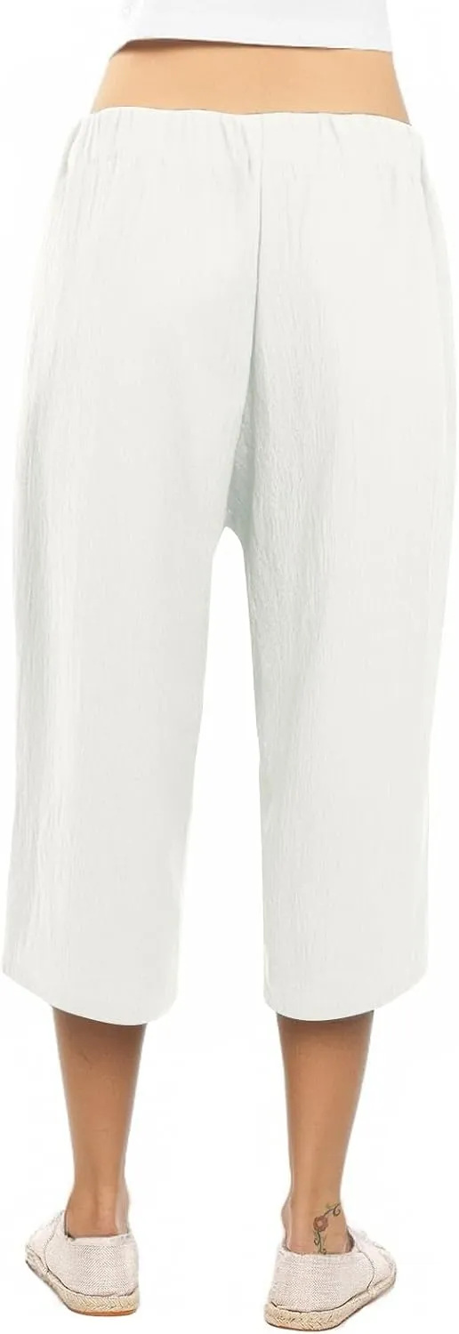 fanmpghleoo Cropped Linen Pants Women Summer Dressy Casual Plus Size Capris with Pockets Tie Drawstring Wide Leg Linen Pants
