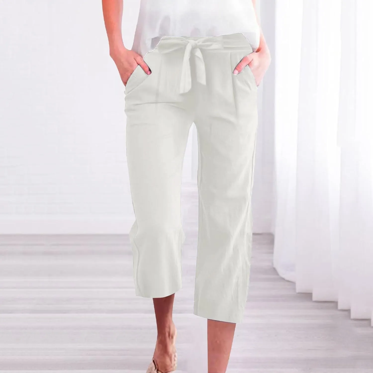 fanmpghleoo Cropped Linen Pants Women Summer Dressy Casual Plus Size Capris with Pockets Tie Drawstring Wide Leg Linen Pants