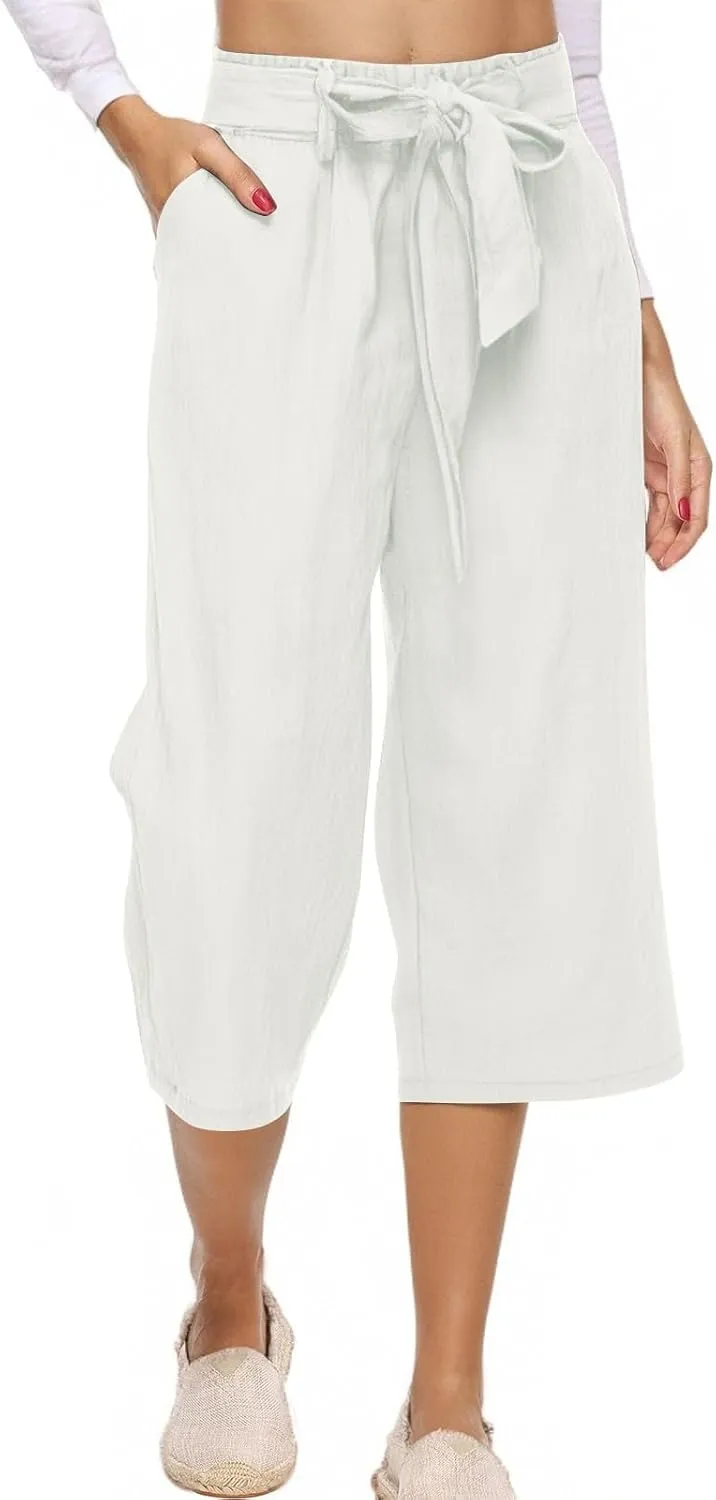 fanmpghleoo Cropped Linen Pants Women Summer Dressy Casual Plus Size Capris with Pockets Tie Drawstring Wide Leg Linen Pants