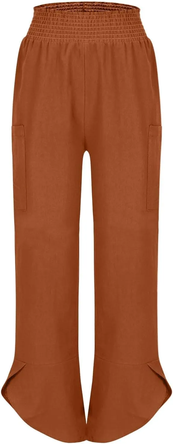 fanmpghleoo Harem Pants Women Cropped Wide Leg Linen Pants Summer Smocked Elastic Waist Yoga Pull On Capris with Pockets