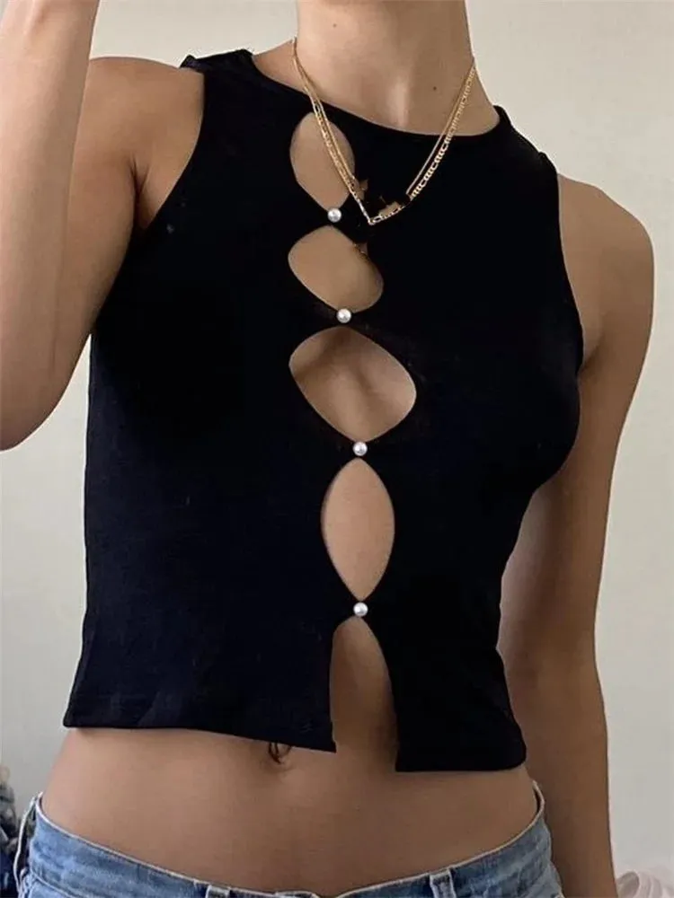FashionSierra - 2024 Hollow Out Cropped Summer  Sleeveless Irregular Buttons Up Black Solid Mini Vest Club Streetwear Crop Tops