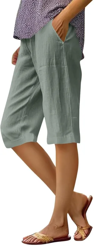 Finelylove Linen Shorts for Women Knee Lenght Lightweight Summer Bermuda Shorts Casual Summer Beach Shorts Boho Capri Pants