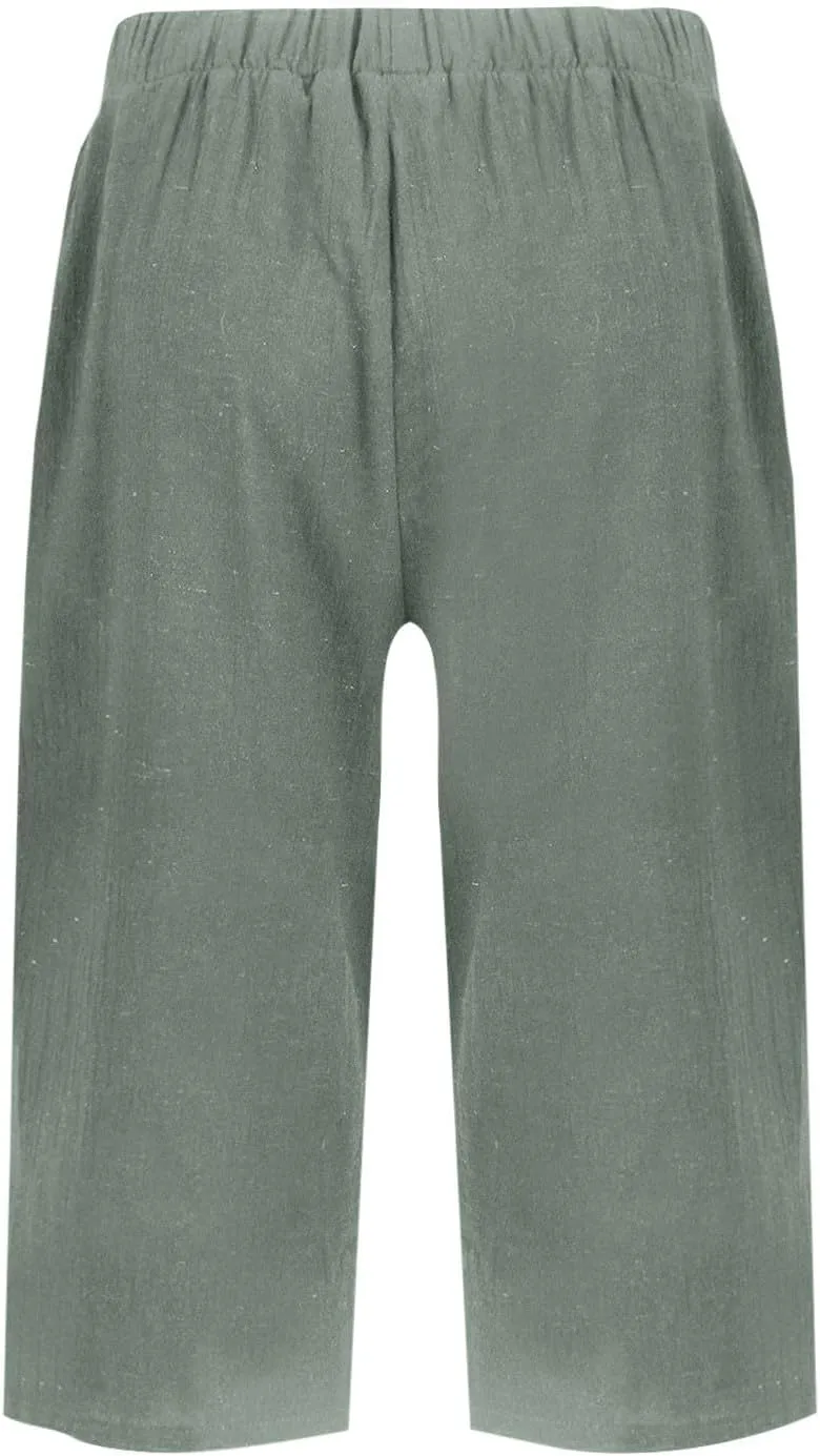 Finelylove Linen Shorts for Women Knee Lenght Lightweight Summer Bermuda Shorts Casual Summer Beach Shorts Boho Capri Pants