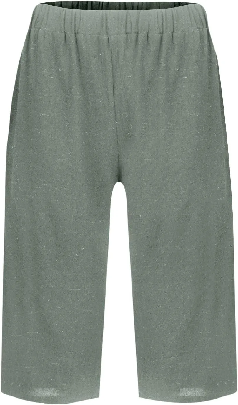 Finelylove Linen Shorts for Women Knee Lenght Lightweight Summer Bermuda Shorts Casual Summer Beach Shorts Boho Capri Pants