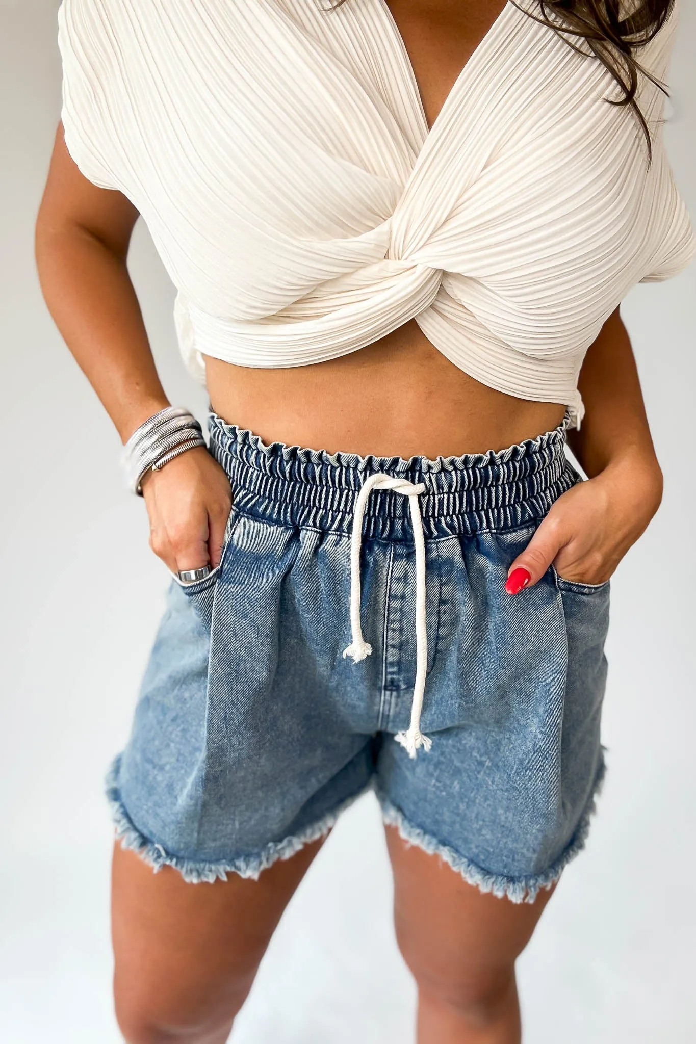 Flattering Light Blue Drawstring Denim Shorts