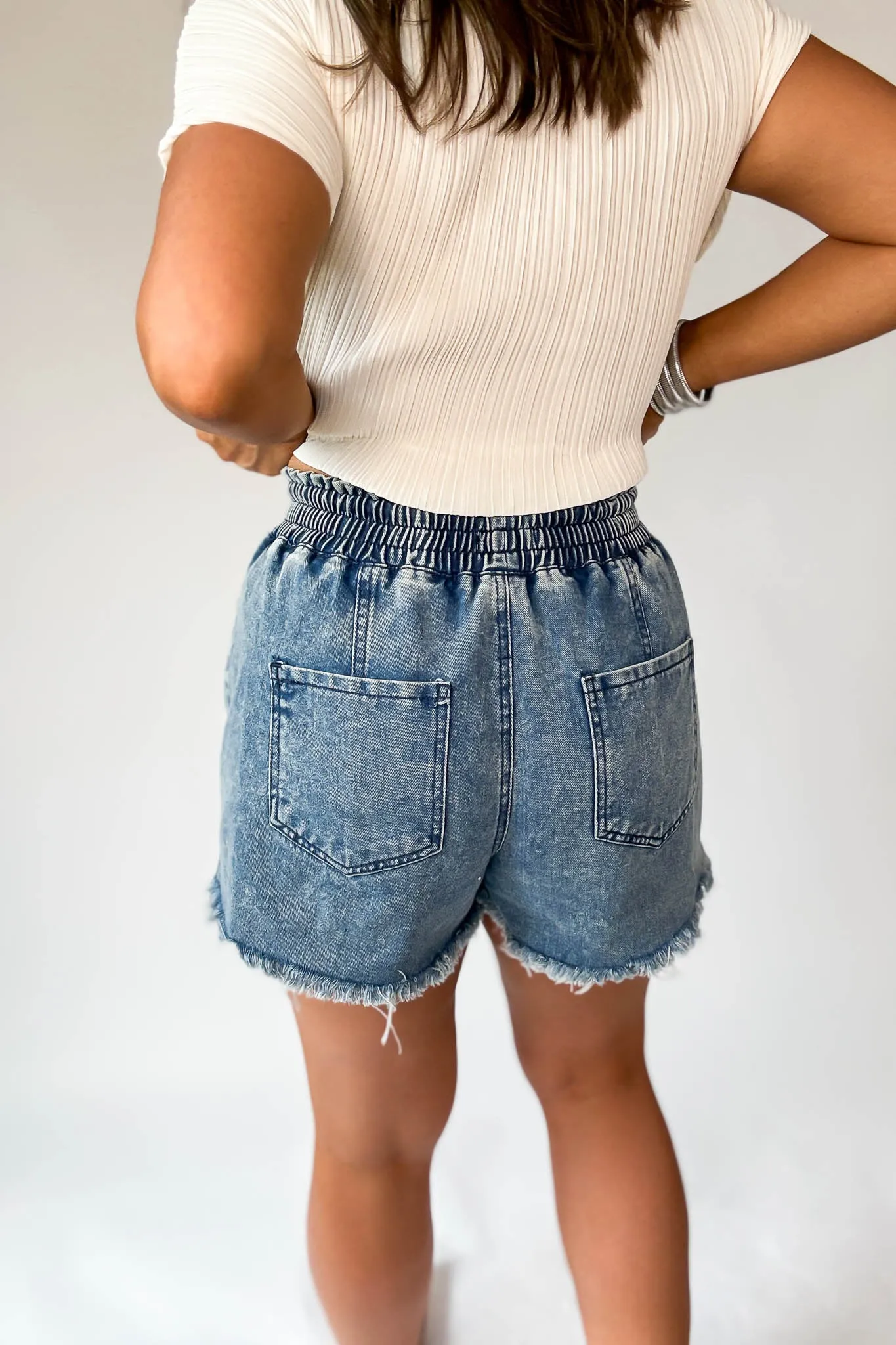 Flattering Light Blue Drawstring Denim Shorts