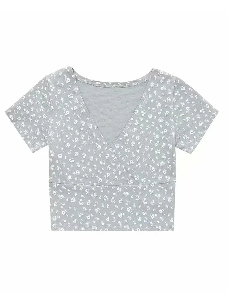 Floral Print V-neck Crop Top in Cotton Blend