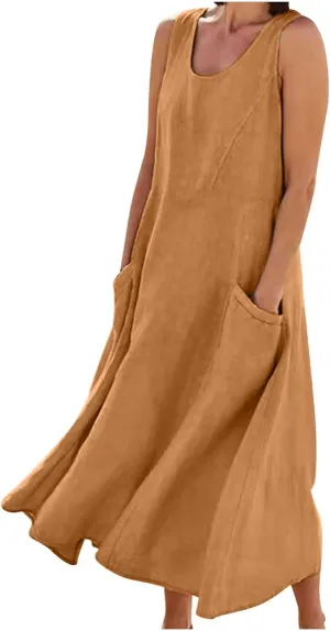 Linen Dress for Women 2025 Casual Plus Size Sleeveless Scoop Neck Maxi Dresses Summer Beach Vacation Dresses with Pockets