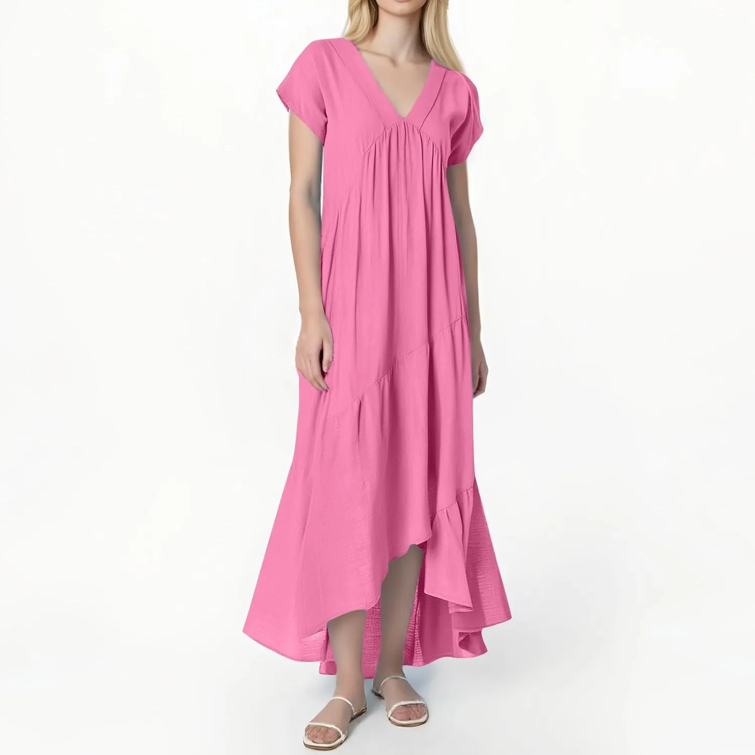 Linen Dress Women Short Sleeve V Neck Dresses Ruffle Casual Boho Beach Vacation Swing Flowy Summer Dress Plus Size