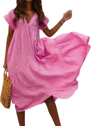 Linen Dress Women Short Sleeve V Neck Dresses Ruffle Casual Boho Beach Vacation Swing Flowy Summer Dress Plus Size