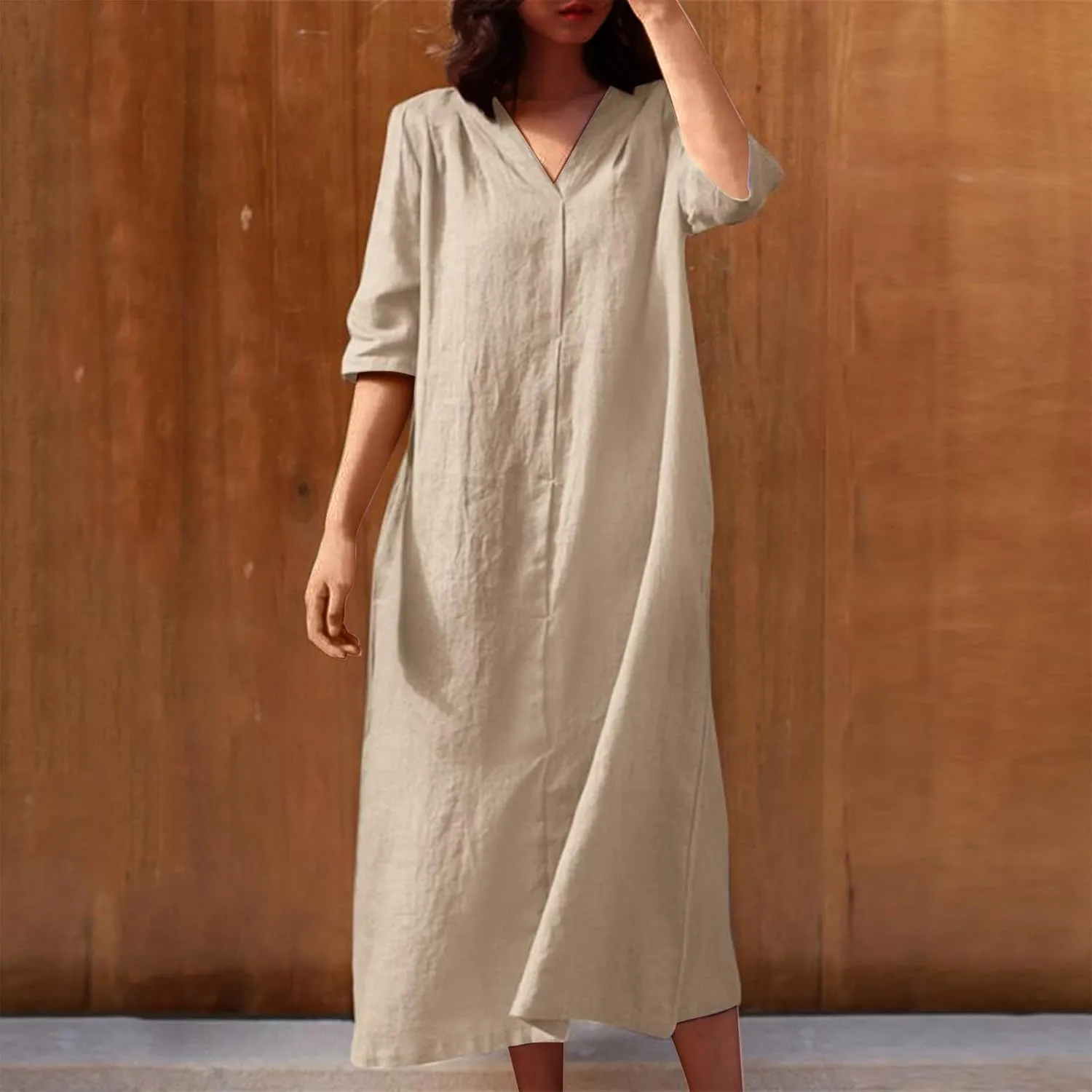 Linen Dresses for Women 2024 Summer Dressy Casual V Neck Half Sleeve Maxi Dress Comfy Cotton Summer Lounge Outifts