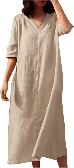 Linen Dresses for Women 2024 Summer Dressy Casual V Neck Half Sleeve Maxi Dress Comfy Cotton Summer Lounge Outifts