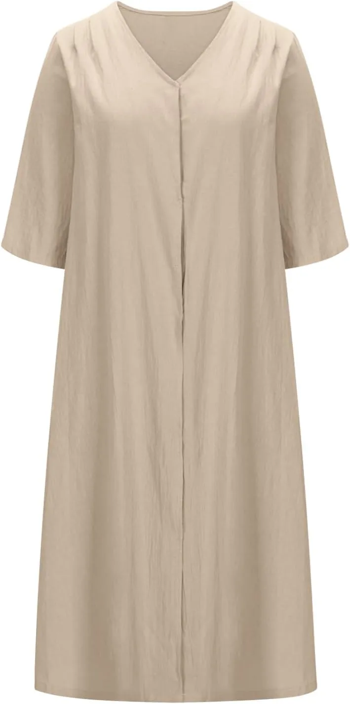 Linen Dresses for Women 2024 Summer Dressy Casual V Neck Half Sleeve Maxi Dress Comfy Cotton Summer Lounge Outifts