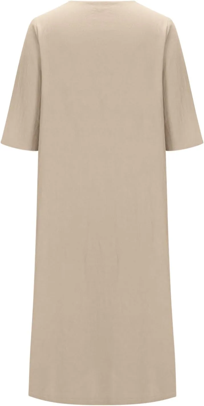 Linen Dresses for Women 2024 Summer Dressy Casual V Neck Half Sleeve Maxi Dress Comfy Cotton Summer Lounge Outifts