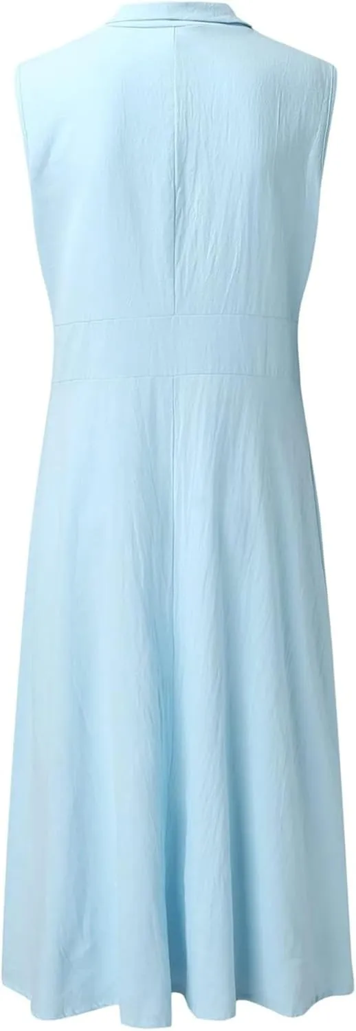 Linen Dresses for Women Button Down Dress Casual Summer Maxi Dresses V Neck A-Line Long Work Dress Business Sundress