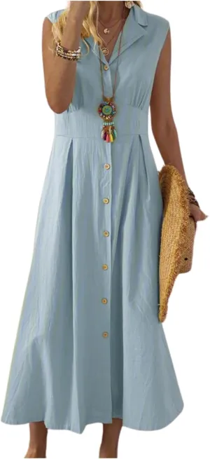 Linen Dresses for Women Button Down Dress Casual Summer Maxi Dresses V Neck A-Line Long Work Dress Business Sundress