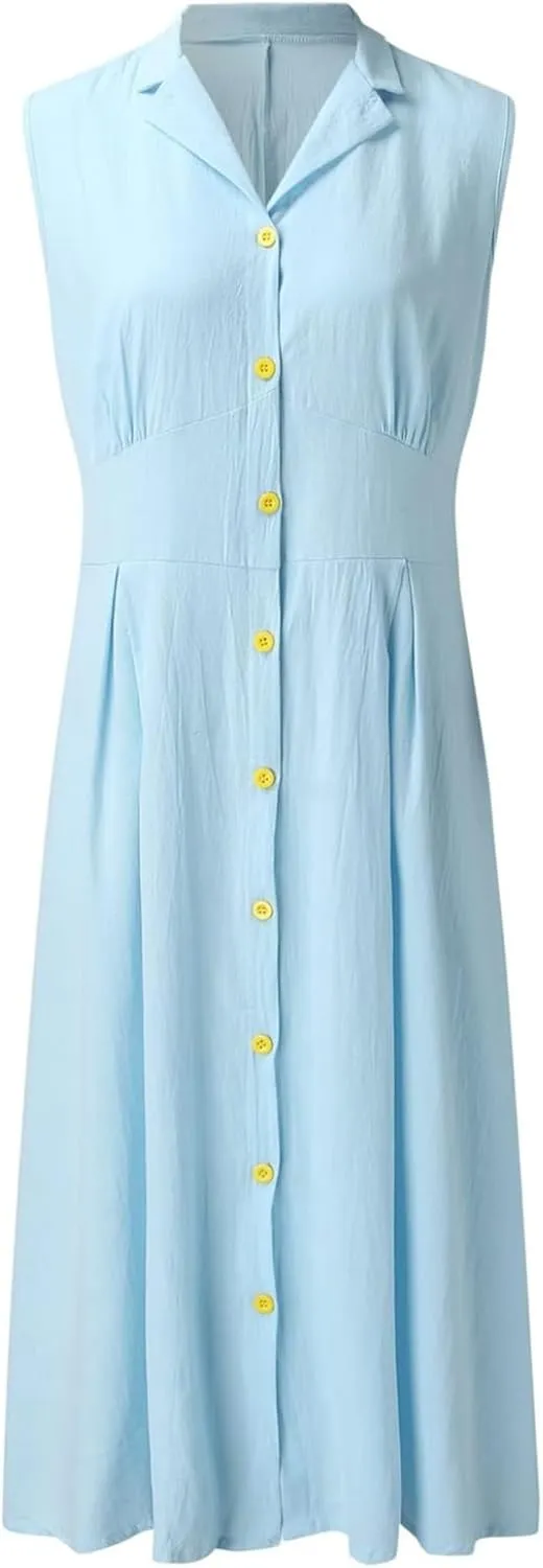 Linen Dresses for Women Button Down Dress Casual Summer Maxi Dresses V Neck A-Line Long Work Dress Business Sundress