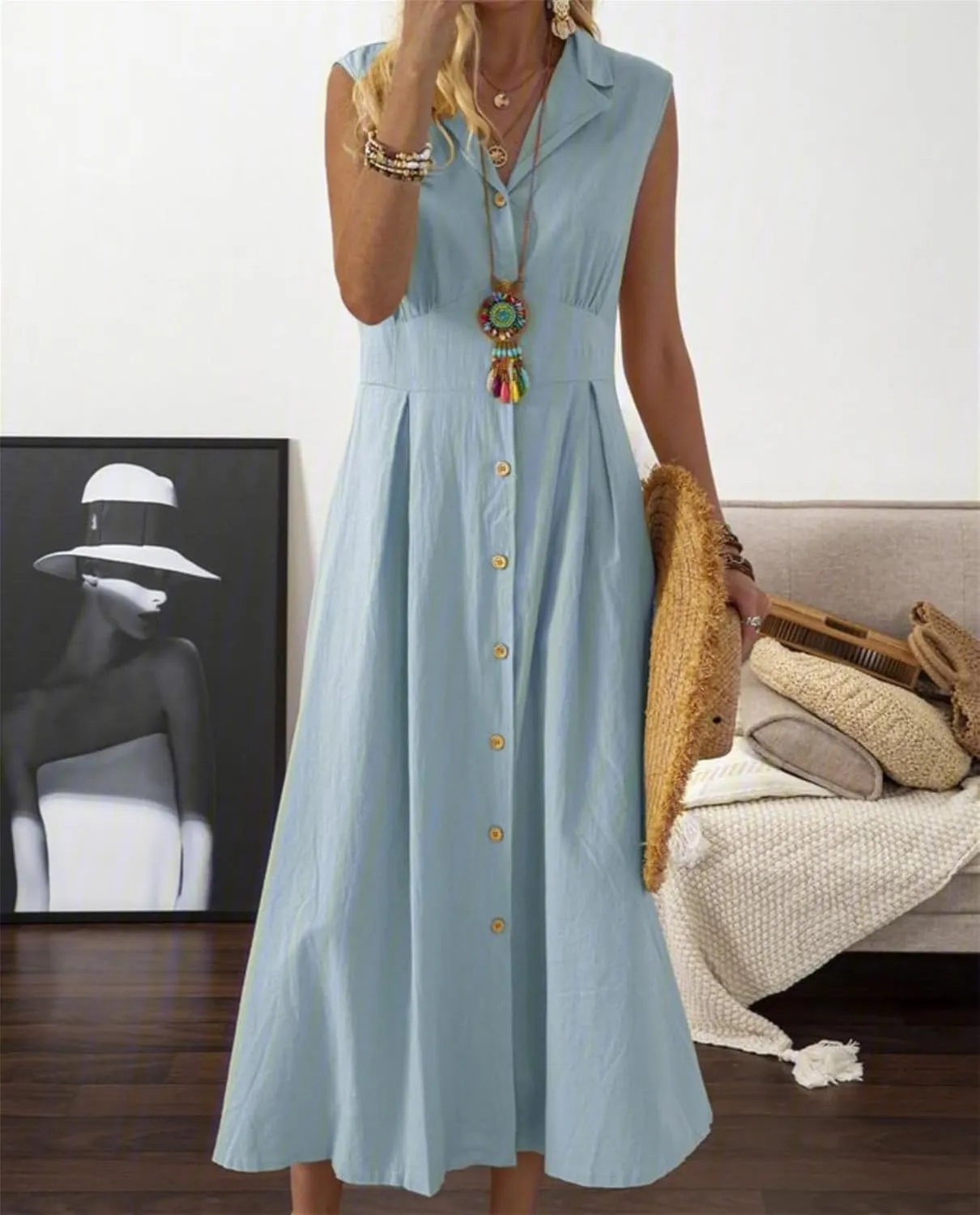 Linen Dresses for Women Button Down Dress Casual Summer Maxi Dresses V Neck A-Line Long Work Dress Business Sundress