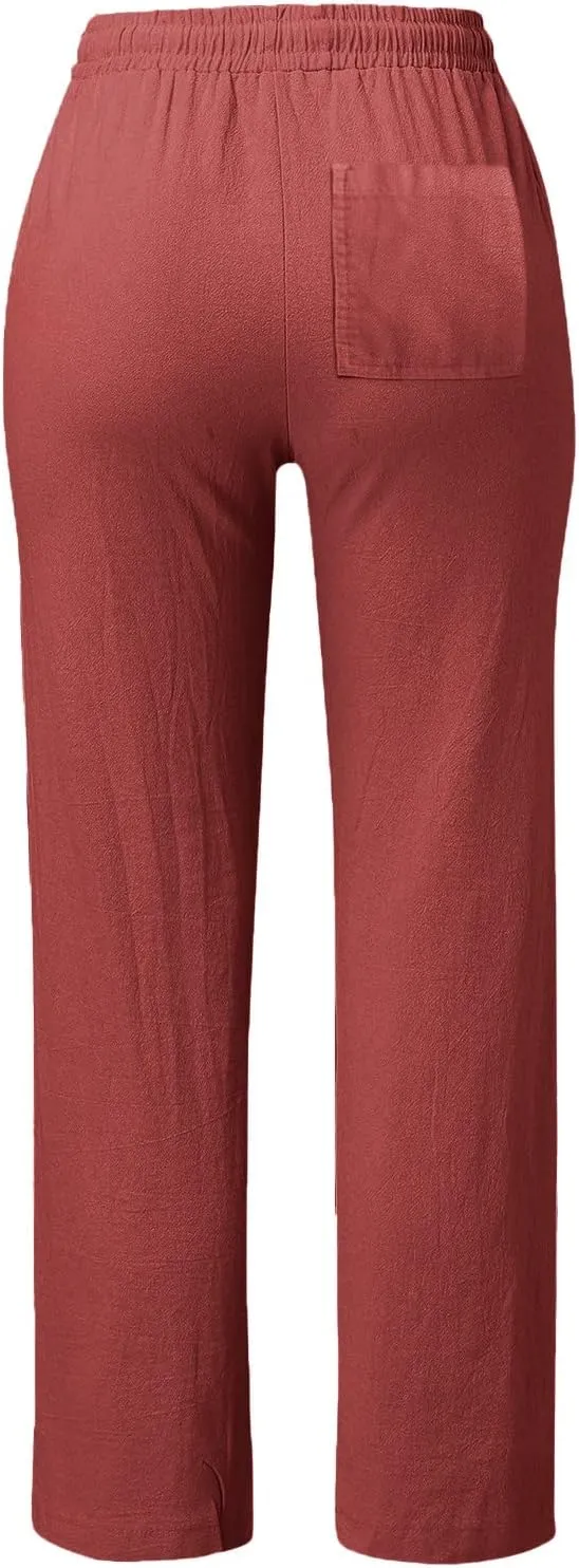 Linen Pants for Women Casual Drawstring Elastic Waist Linen Trousers Straight Leg Plus Size Loose Pants with Pocket
