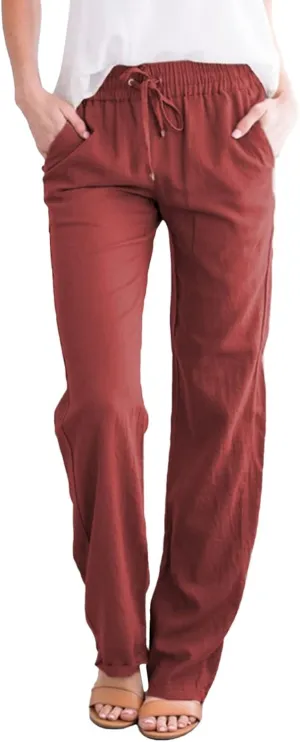 Linen Pants for Women Casual Drawstring Elastic Waist Linen Trousers Straight Leg Plus Size Loose Pants with Pocket