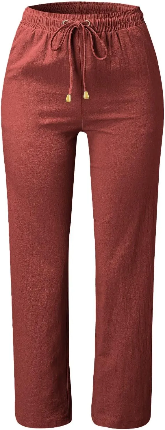 Linen Pants for Women Casual Drawstring Elastic Waist Linen Trousers Straight Leg Plus Size Loose Pants with Pocket