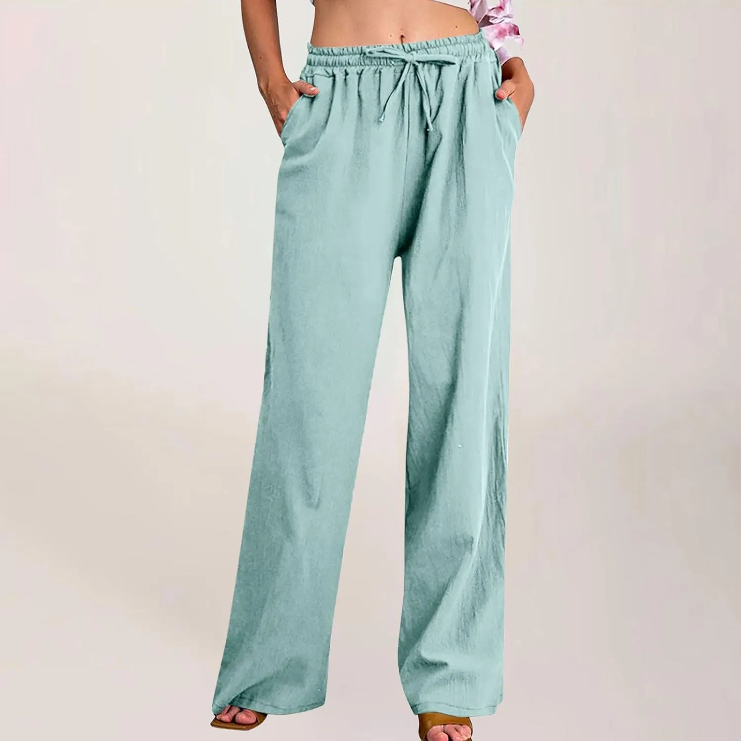 Linen Pants for Women Summer Wide Leg Casual Beach Trousers High Waisted Drawstring Palazzo Lounge Pants with Pockets