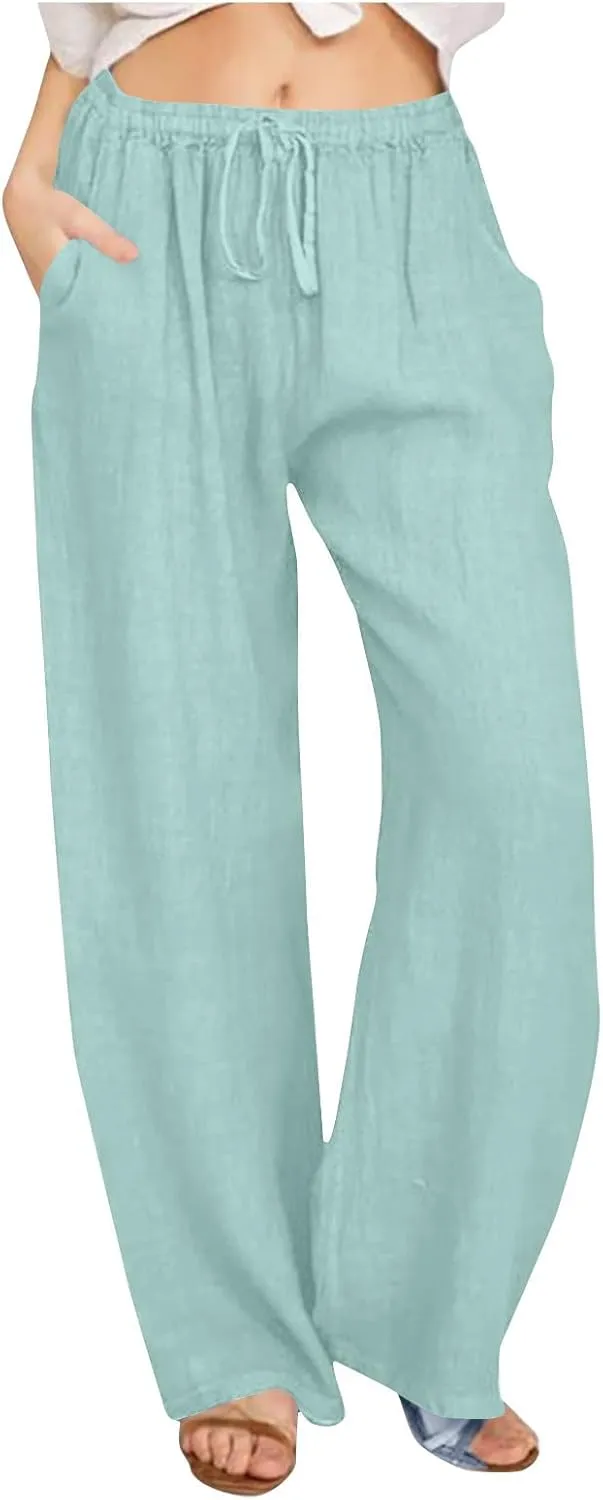 Linen Pants for Women Summer Wide Leg Casual Beach Trousers High Waisted Drawstring Palazzo Lounge Pants with Pockets