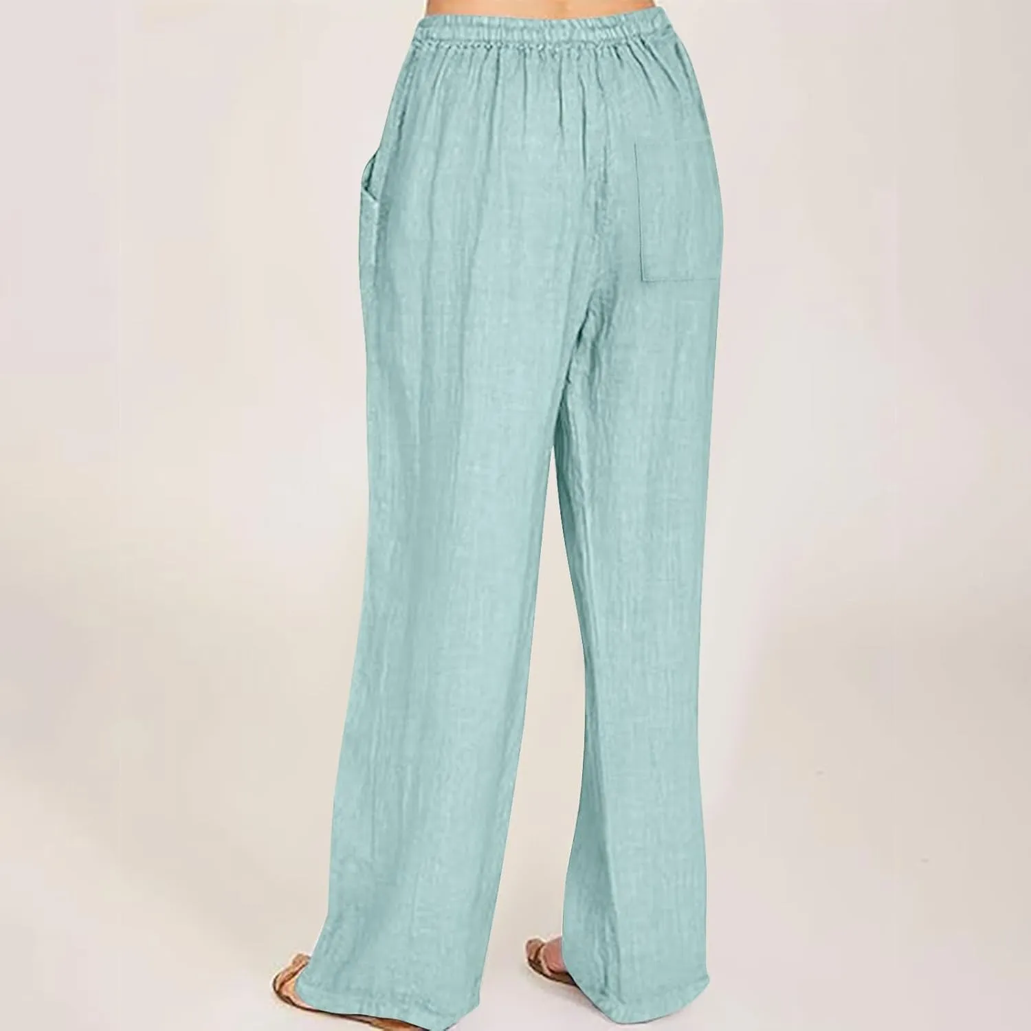 Linen Pants for Women Summer Wide Leg Casual Beach Trousers High Waisted Drawstring Palazzo Lounge Pants with Pockets
