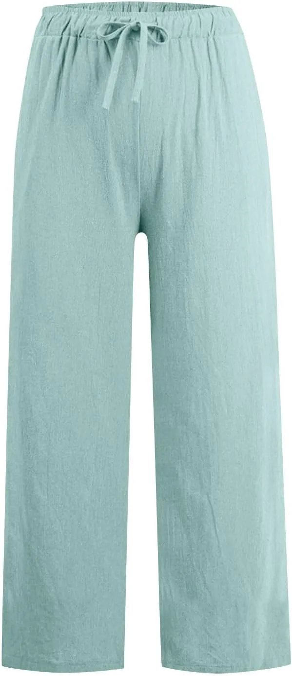Linen Pants for Women Summer Wide Leg Casual Beach Trousers High Waisted Drawstring Palazzo Lounge Pants with Pockets