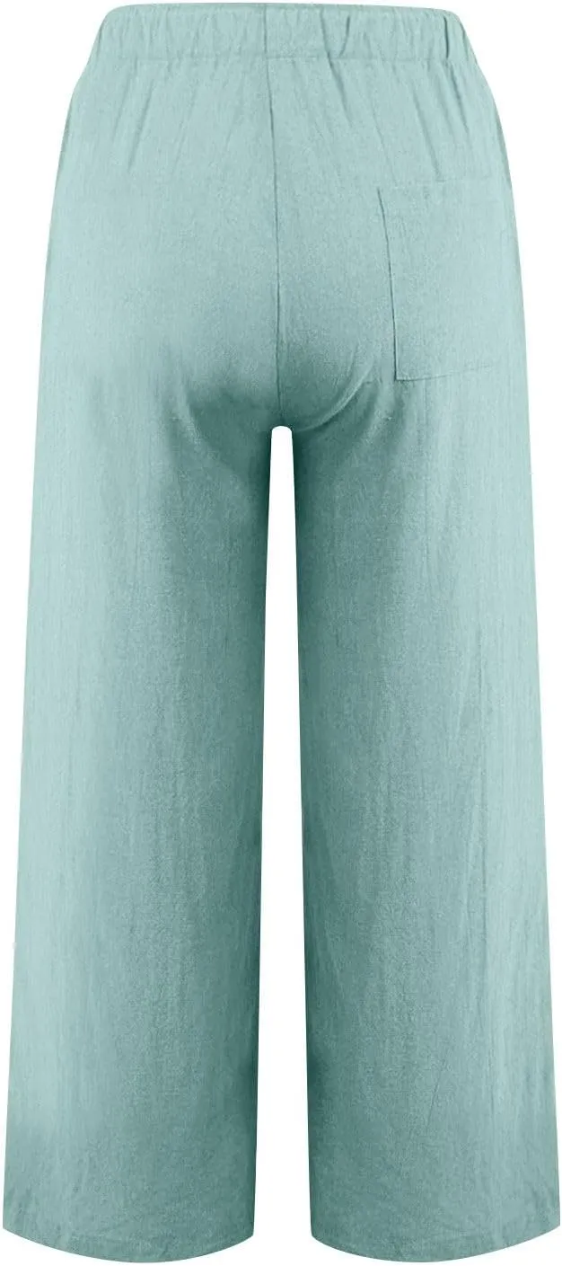 Linen Pants for Women Summer Wide Leg Casual Beach Trousers High Waisted Drawstring Palazzo Lounge Pants with Pockets