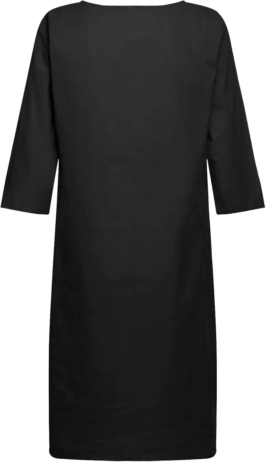 Linen Tunic Dress Women Classy Vacation V Neck Half Sleeve Midi Length Spring Wedding Guest Dress Church Outfits for Ladies
