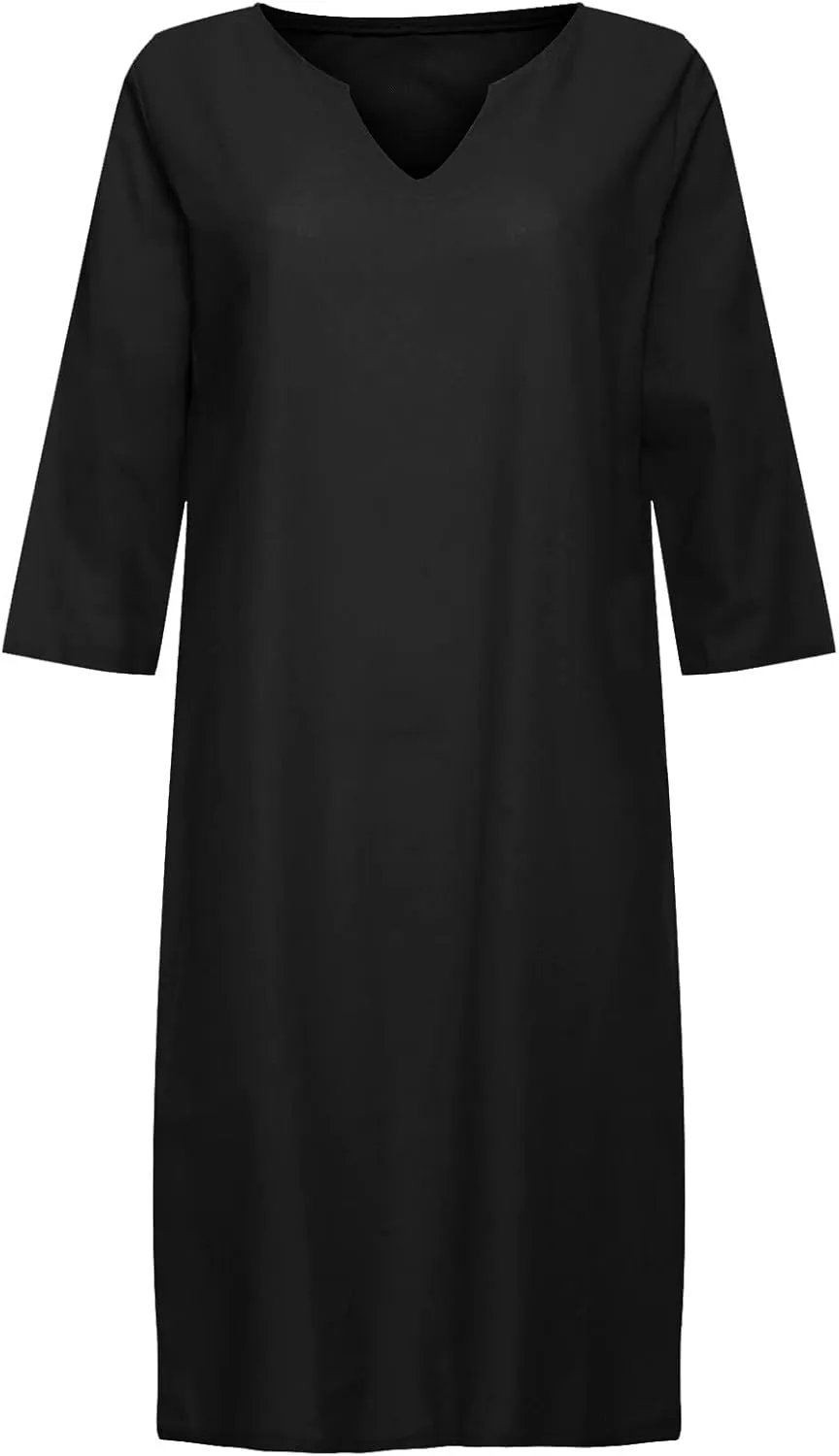 Linen Tunic Dress Women Classy Vacation V Neck Half Sleeve Midi Length Spring Wedding Guest Dress Church Outfits for Ladies