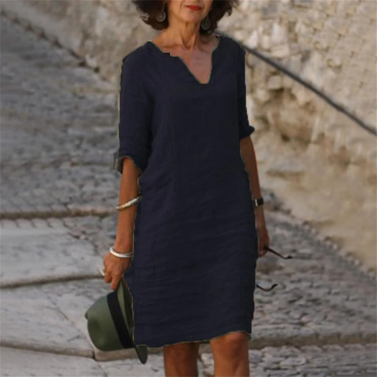 Linen Tunic Dress Women Classy Vacation V Neck Half Sleeve Midi Length Spring Wedding Guest Dress Church Outfits for Ladies
