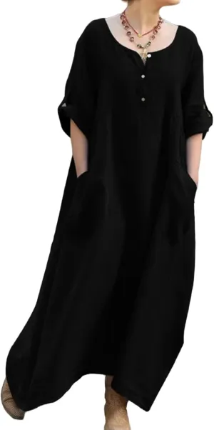 Long Dresses for Women Summer Cotton Linen T Shirt V-Neck Dress Casual Loose Midi Dress Flowy Beach Sundress Pockets