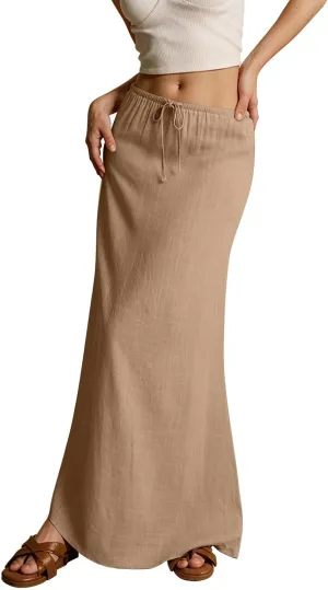 Long Skirts for Women,2025 Summer Trendy Drawstring Waist Linen Maxi Skirts,Casual Comfy Flowy Vacation Boho Skirts