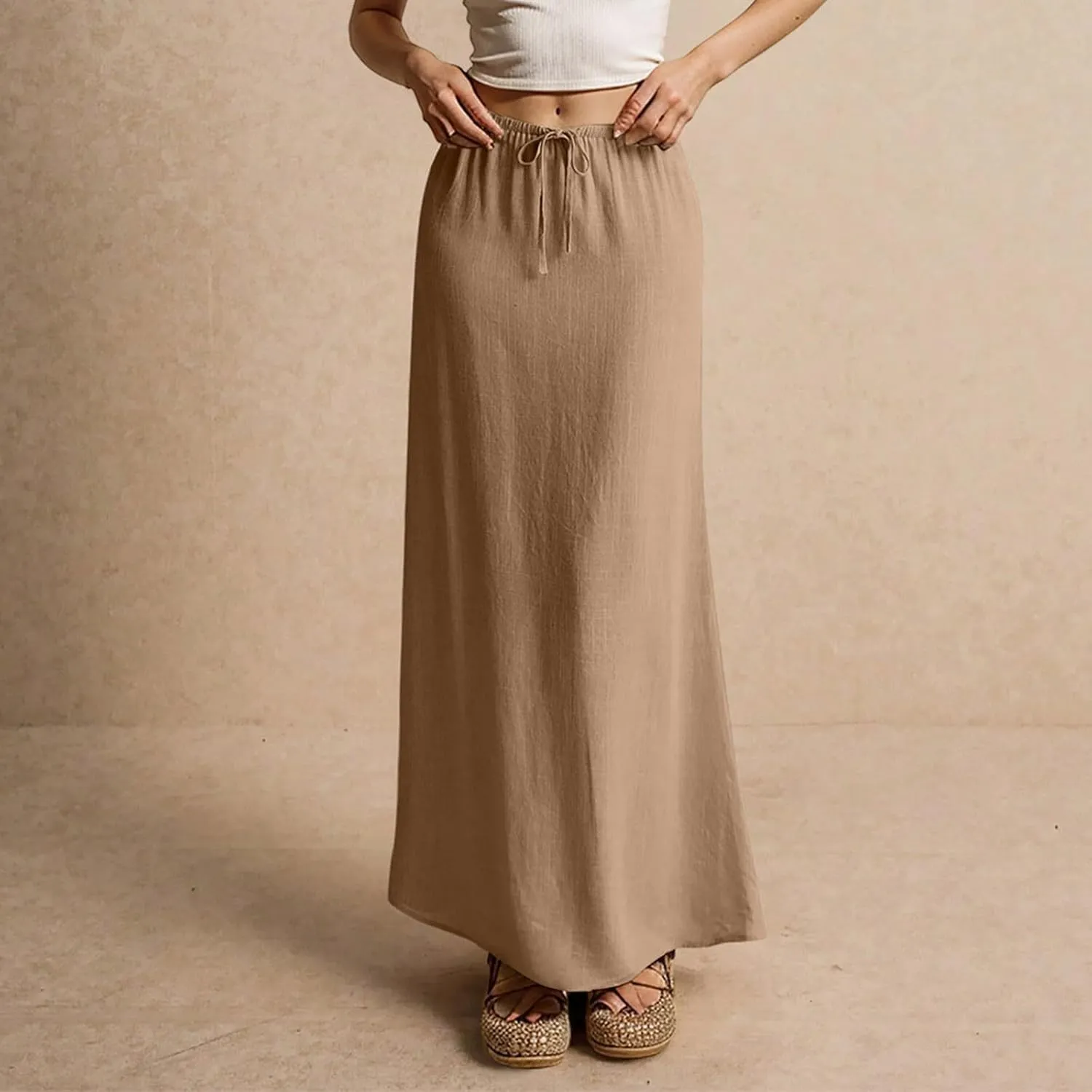Long Skirts for Women,2025 Summer Trendy Drawstring Waist Linen Maxi Skirts,Casual Comfy Flowy Vacation Boho Skirts