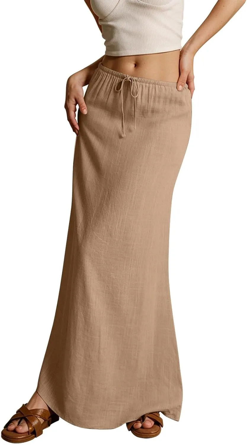 Long Skirts for Women,2025 Summer Trendy Drawstring Waist Linen Maxi Skirts,Casual Comfy Flowy Vacation Boho Skirts