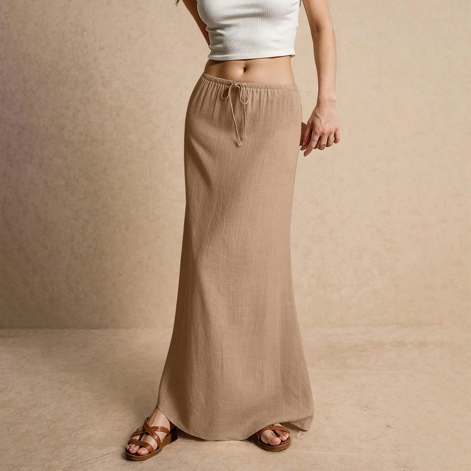 Long Skirts for Women,2025 Summer Trendy Drawstring Waist Linen Maxi Skirts,Casual Comfy Flowy Vacation Boho Skirts
