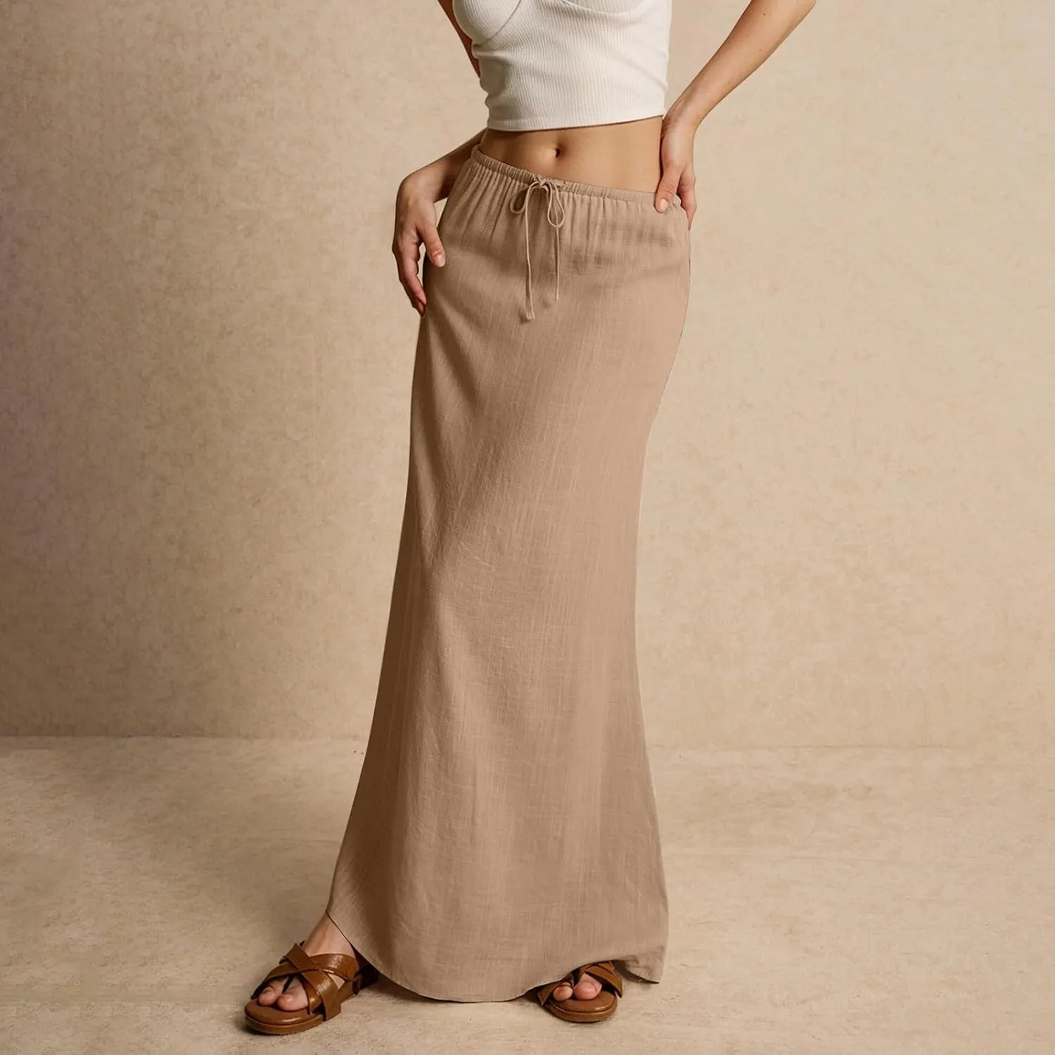 Long Skirts for Women,2025 Summer Trendy Drawstring Waist Linen Maxi Skirts,Casual Comfy Flowy Vacation Boho Skirts