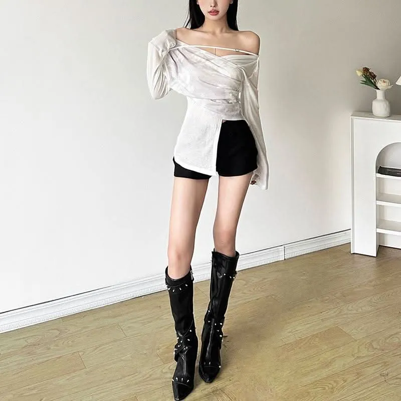 Long sleeve off shoulder print top