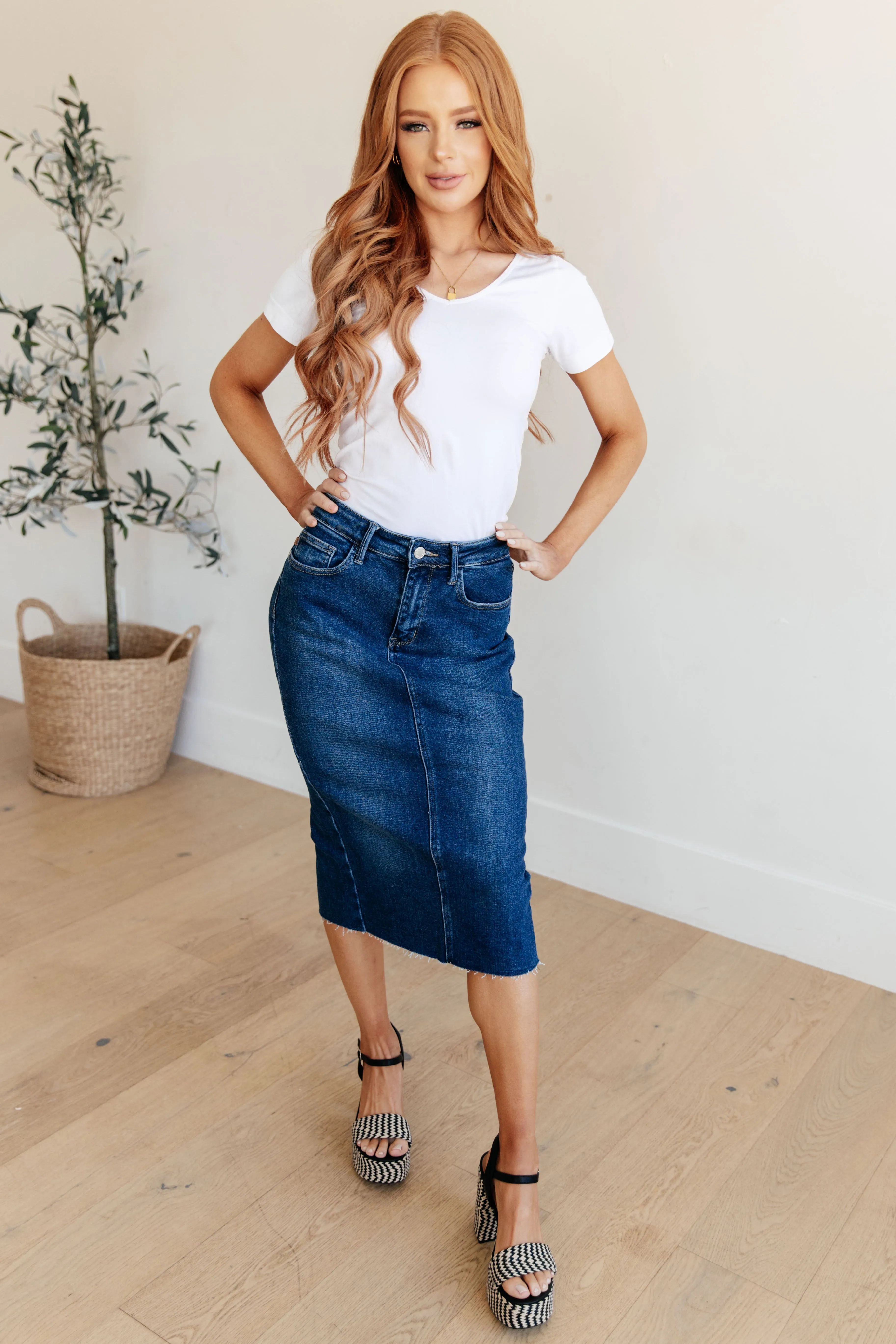 Marcy - High Rise Denim Midi Skirt - Judy Blue - Exclusively Online
