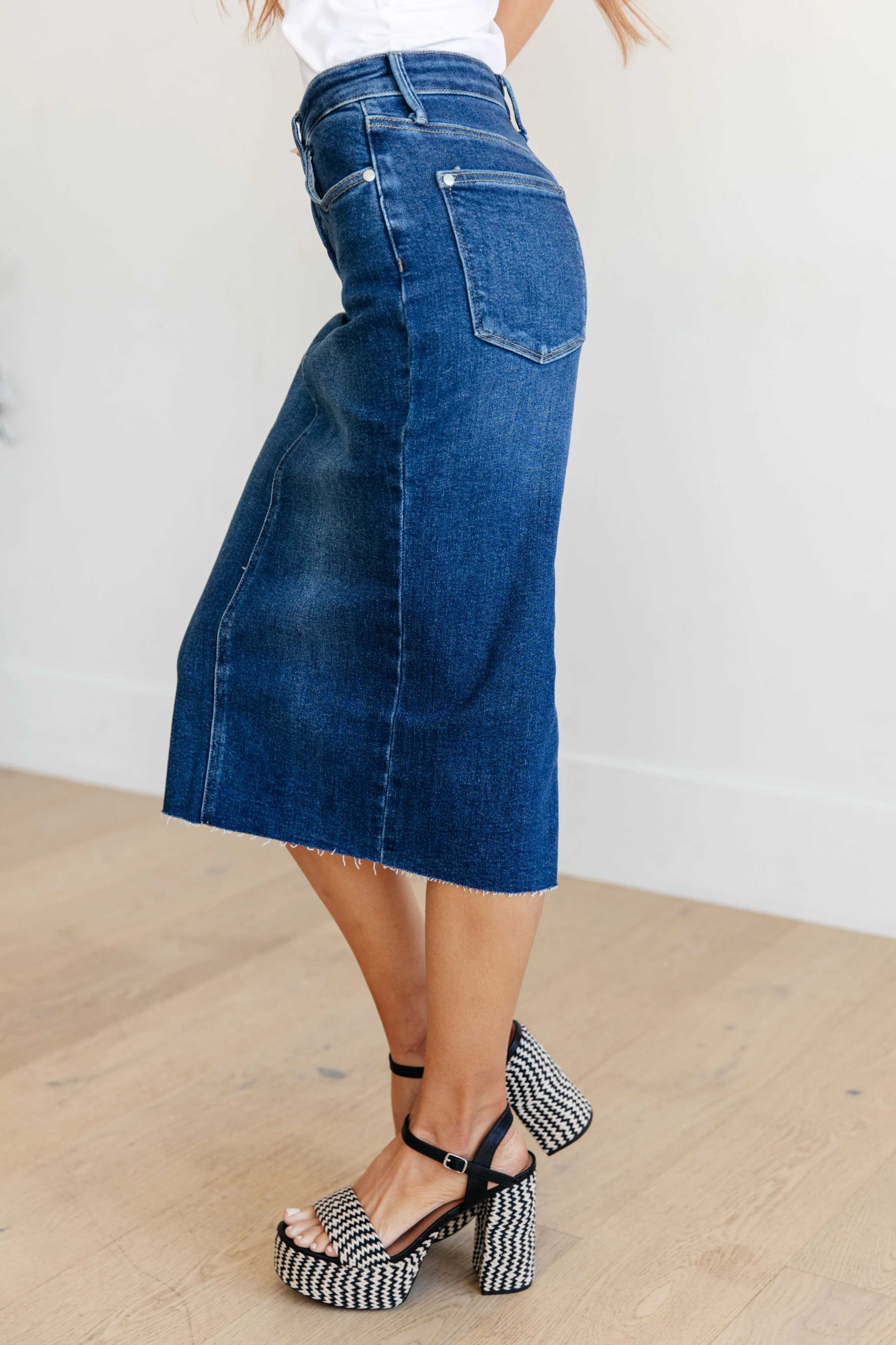 Marcy - High Rise Denim Midi Skirt - Judy Blue - Exclusively Online