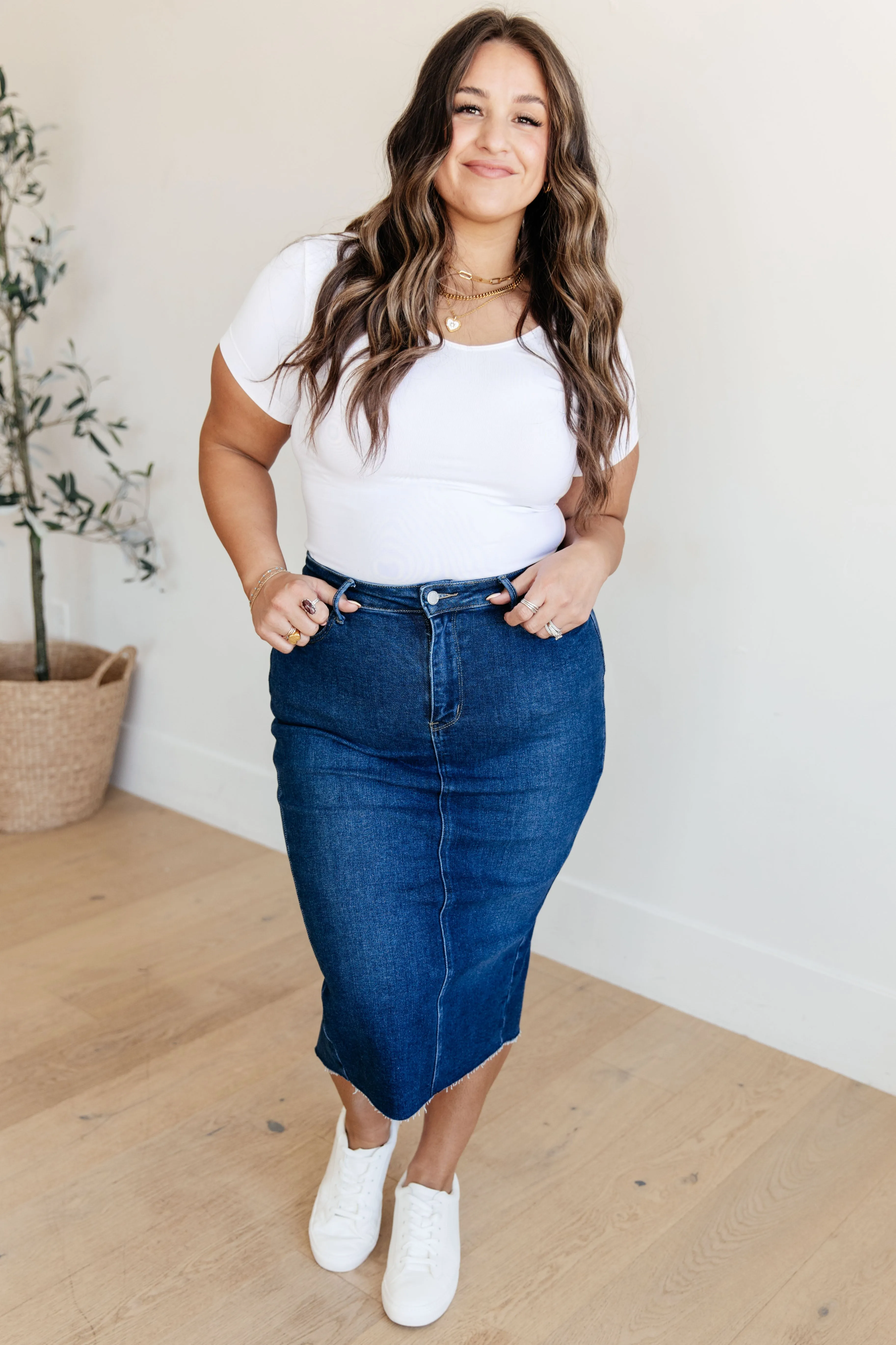 Marcy - High Rise Denim Midi Skirt - Judy Blue - Exclusively Online