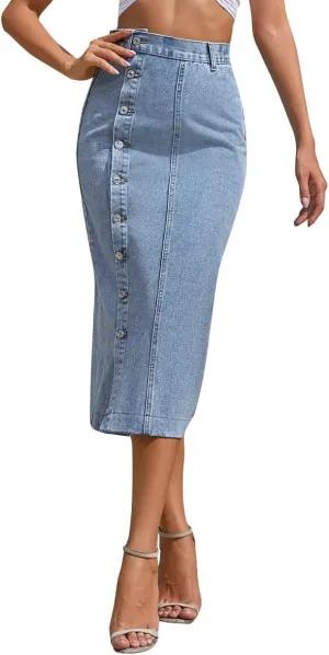 OBEEII Women's Denim Skirts Midi Length High Waist Button Split Hem Long Bodycon Pencil Skirt